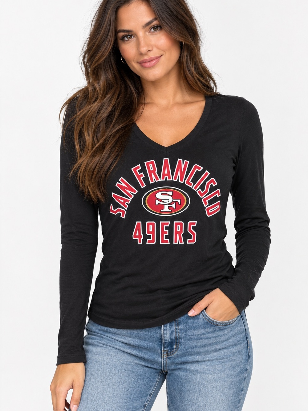 Fanatics San Francisco 49ers Black Long Sleeve V-Neck Tee with Red & Gold Logo
